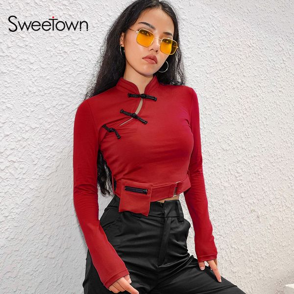 

sweetown vintage crop t shirt women autumn long sleeve tee shirt femme asymmetrical neck korean fashion tshirt t200812, White
