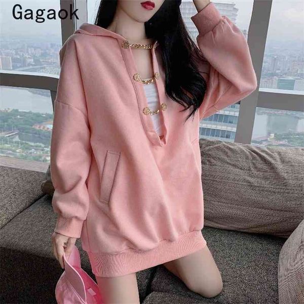 

sweatshirt women spring autumn streetwear long solid loose hoodies casual harajuku wild pullovers 210531, Black