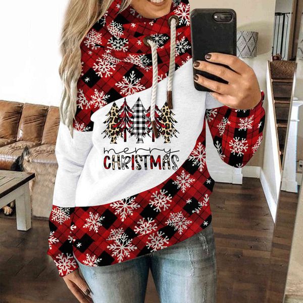 

women casual sweaters hoodies vintage christmas printed contrast splice long sleeve hoodie sweatshirt strap winter clothes y1110, White;black