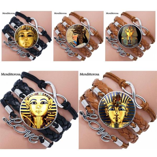 

charm bracelets vintage jewelry with glass cabochon multilayer black/brown leather bracelet bangle for women handmade girls king tut logo, Golden;silver