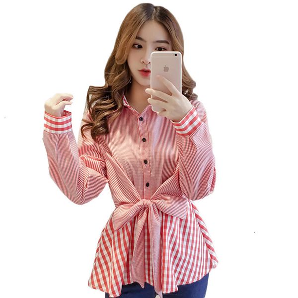 

2021 new women long sleeves plaid blouse shirt spring autumn korean slim bow patchwork female fake two pieces lattice shirts y115 h9xf, White
