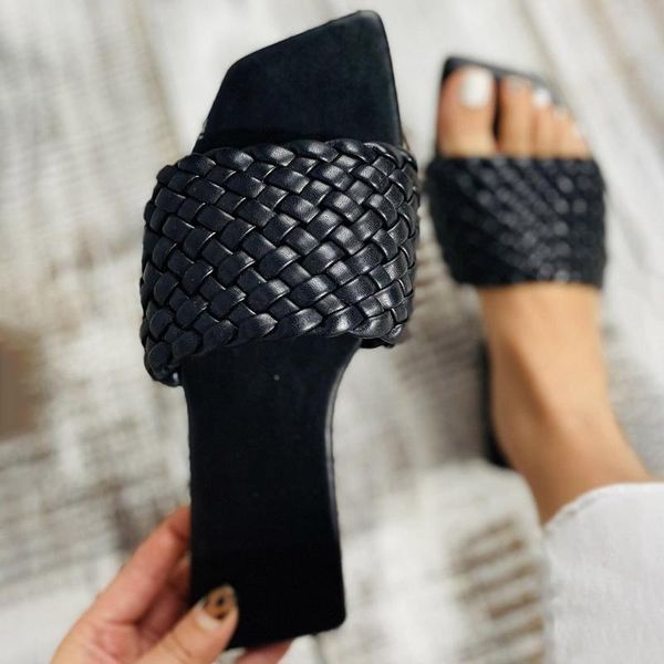 

women's summer sandals woven platform basic slippers casual sandals beach shoes breathable women slides leather new fashion shoe, Black