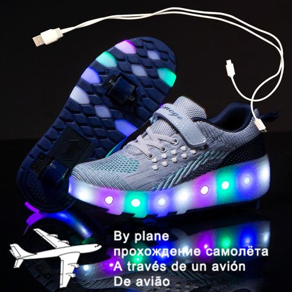 

athletic & outdoor 2021 27-40 usb charging children sneakers with 2 wheels girls boys led shoes kids roller skate, Black