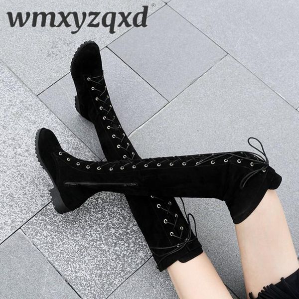 

boots winter woman 2021 thigh high lace up over the knee women round toe shoes plus size 33-46 wmxyzqxd, Black