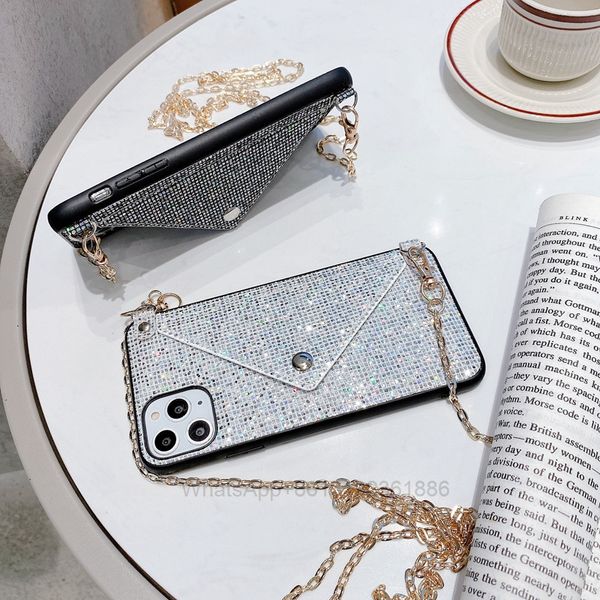 Zarf Kılıfları iPhone 13 2021 12 11 Pro XS Max Xr x 8 7 Bling Glitter Elmas TPU Kızlar Layd Kadınlar Lüks Deri KIMLIK Kart Pocket Slot