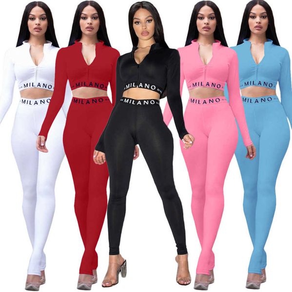 Fair Designer Mulheres 2 Peça Calças Definir Sexy Carta Impressão Sólida Manga Longa Ziper Top Pencli Outfits Senhoras Casual Multicolor Suits