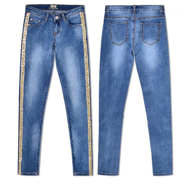 

low waist jeans woman side striped metal bead skinny jeans all matched casual long pants brief slim winter boots1, Blue