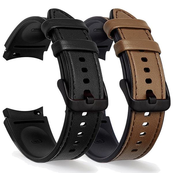 

watch bands silicone+leather strap for samsung galaxy 4 classic watch4 44mm 40mm band metal buckle wristband bracelet belt accessories, Black;brown