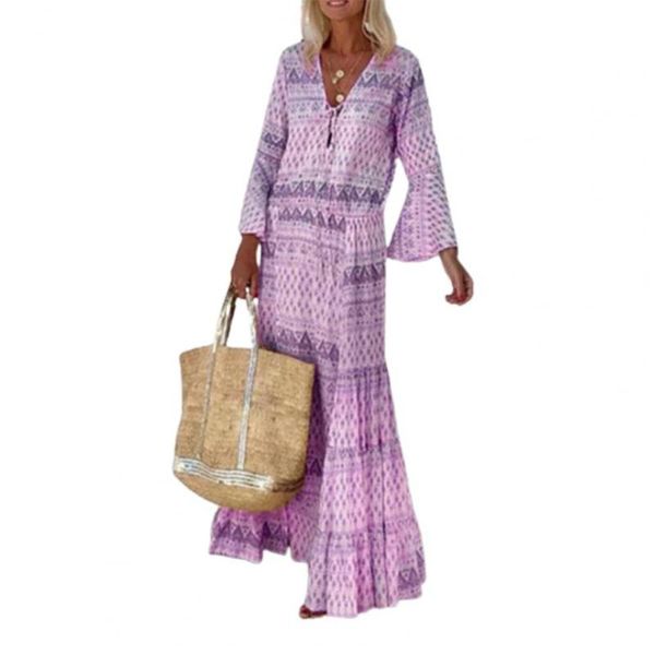 

casual dresses bohemia vintage flare sleeve summer beach dress women geometric print long party lady spring v neck holiday 3xl, Black;gray