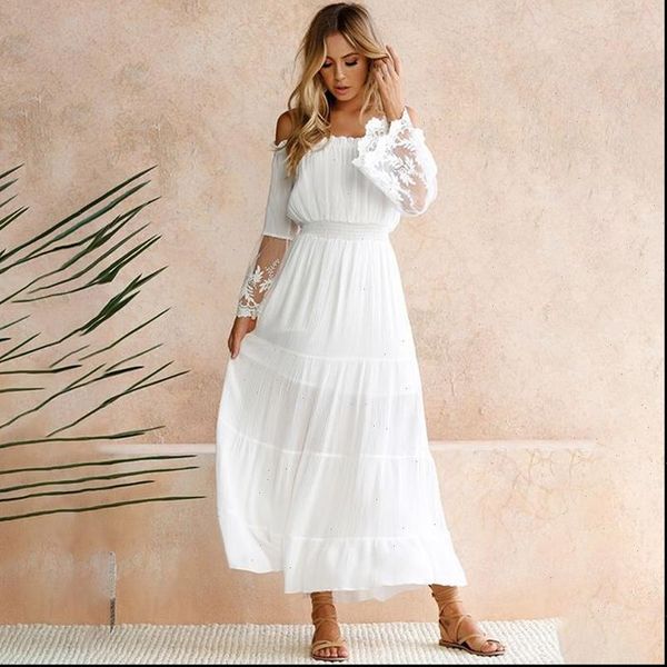 

2021 women strapless long sleeve loose white beach dress off shoulder lace boho women maxi dress, Black;gray
