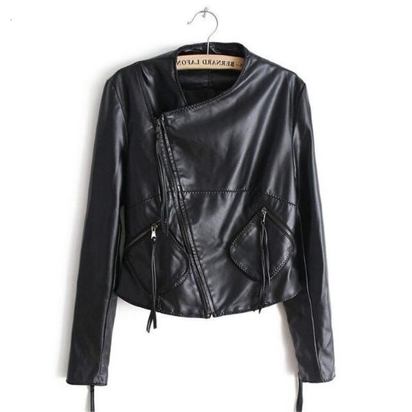 

fashion women's slim short style motorcycle jacket 2021 spring women black o-neck faux pu leather coat m3hk