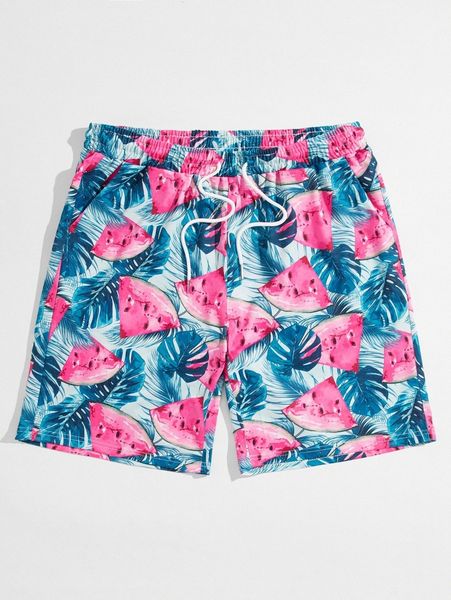 

men watermelon and tropical print drawstring waist shorts h5ik#, Black