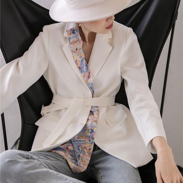 

ewq] 2021 spring female office lady notched collar long-sleeved single breasted patchwork panelled ribbon blazer coat 16w517, White;black