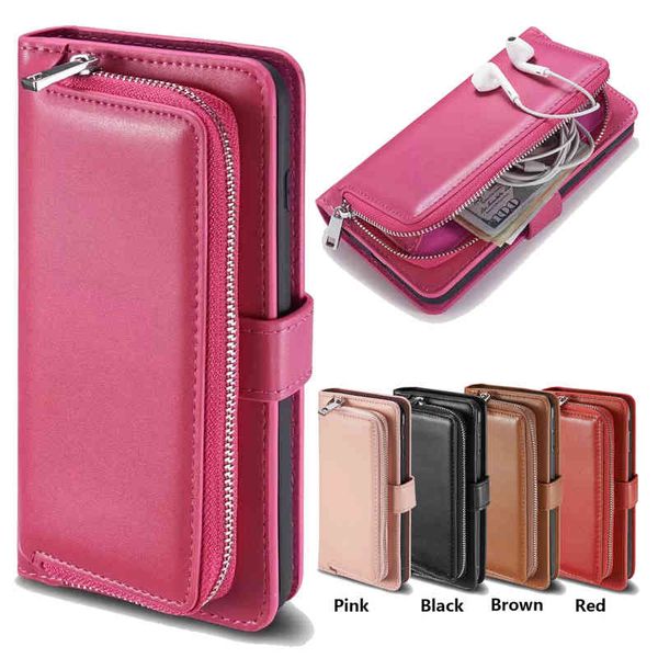 

pu leather wallet phone case for iphone 11 pro x xr xs max 6 7 8 plus samsung galaxy note10 plus 2in1 zipper purse smooth surface cover case