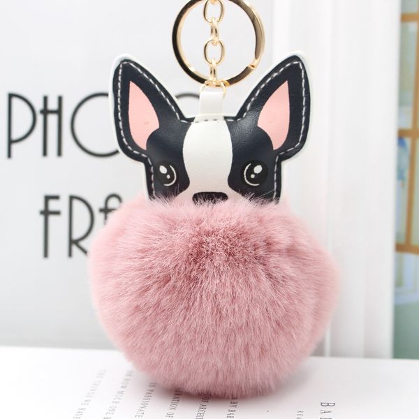 

lovely pompom bulldog keychain fluffy rabbit fur ball dog charm leather keyring women bag car key ring, Silver