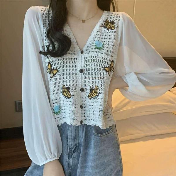 

women's blouses & shirts autumn style thin long sleeve knit cardigan v-neck sweater butterfly embroidery hollow women, White