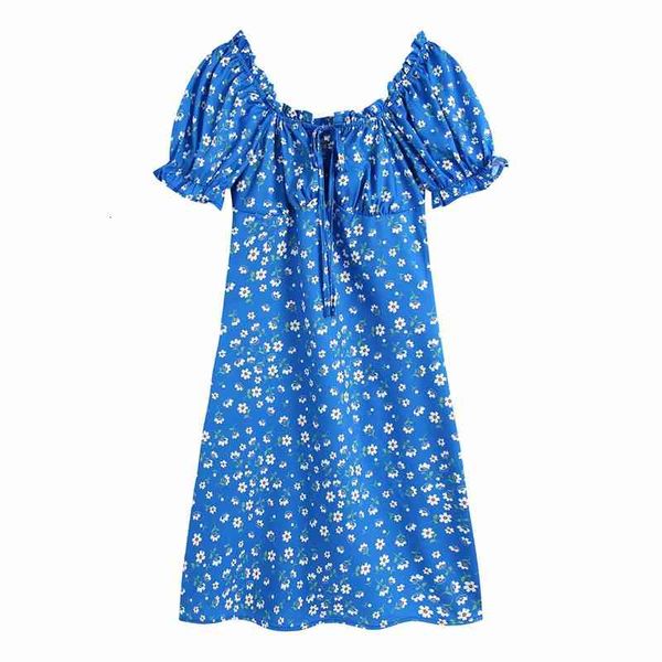 

casual dresses women beach style floral print blue mini chic lady short puff sleeve front drawstring summer back elastic dress itj, Black;gray
