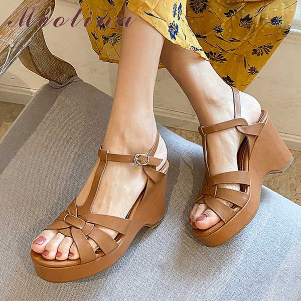 Meotina Schuhe Frauen Echtes Leder Sandalen Keile Super High Heel Sandalen T-Tied Square Toe Damen Schuhe Sommer Braun 210608