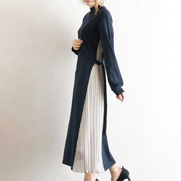 

casual dresses dress 2021 autumn women korean fake two piece long sleeve split slim belt fashion stitching design pleated elegent, Black;gray