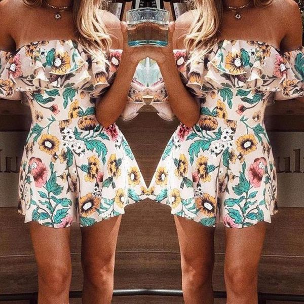 

women's jumpsuits & rompers women summer playsuit romper ladies floral off shoulder ruffle chiffon bodycon short pants bodysuits, Black;white