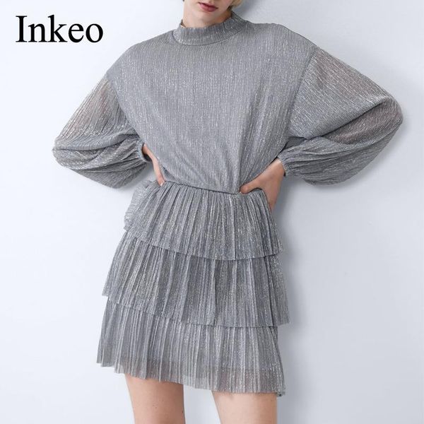 

casual dresses chic sliver women lantern sleeve dress spring summer loose pleated ruffles female mini party vestidos elegant inkeo 9d042, Black;gray