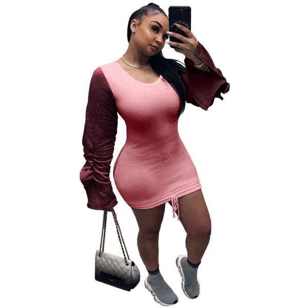 

women fashion 2021 ruched ruffle long sleeve patchwork bodycon mini dress spring drawstring split thick casual sweatshirt dress, Black;gray