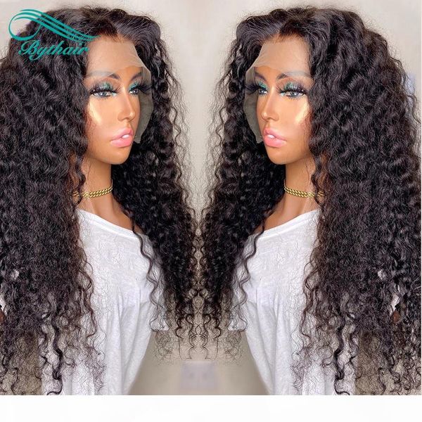

bythair deep curly lace front human hair wigs pre plucked hairline brazilian virgin hair full lace wig with baby hair natural color, Black;brown