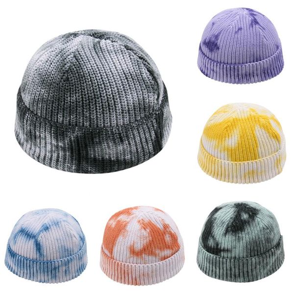 

ball caps tie dye warm knitted brimless hat men beanies winter autumn hip hop skullcap street beanie melon cap women male, Blue;gray