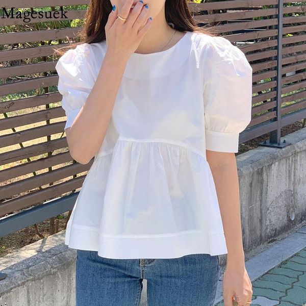 

women's blouses & shirts korean slim round neck women 2021 summer loose sweet white shirt short puff sleeve cute blouse 14372