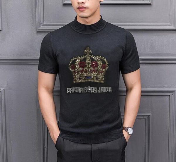 

2021 new brand summer fashion mens sweaters tshirt slim rhinestones color o collar knitting half short sleeve knitted male pullover b3ce, White;black