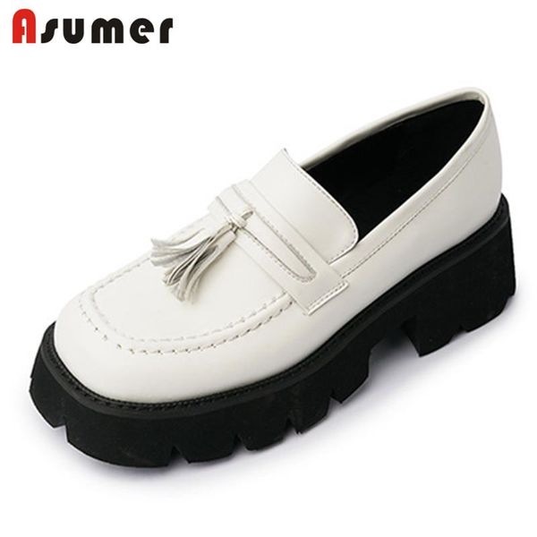 

dress shoes asumer 2021 genuine leather single women pumps round toe tassel spring summer square heel platform woman, Black