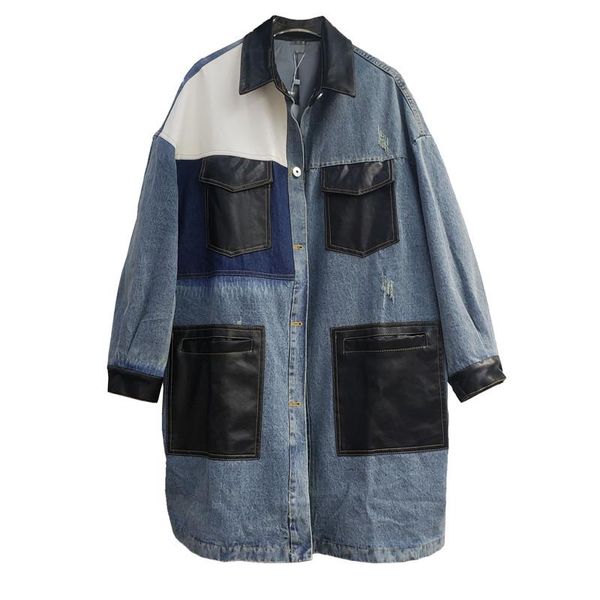 

women's jackets meduim fall ladies mujer chaqueta asymmetrical design denim coat patched black pu pocket safari style jean jacket wome, Black;brown
