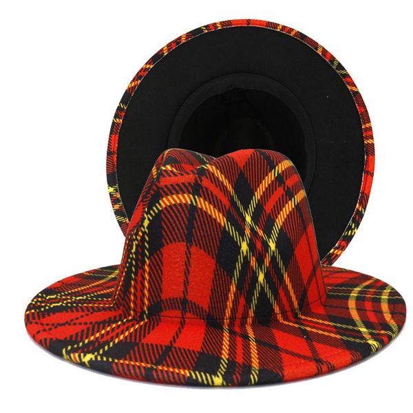 

wide brim hats british style national double-sided color matching red lattice jazz hat men's and women's couple's wool cornic, Blue;gray