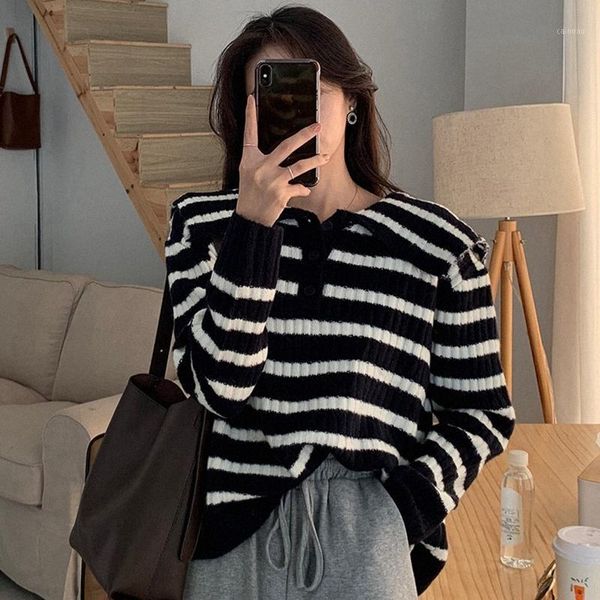 

women's sweaters 2021spring and autumn lazy wind black white striped sweater thin short loose outer wear.kio, White;black