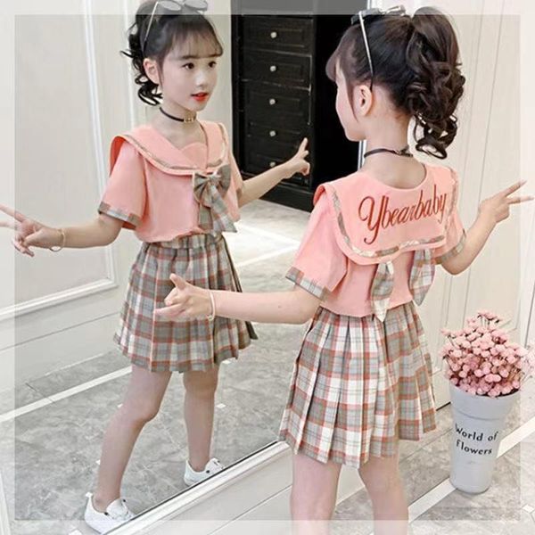 

clothing sets summer short sleeve +skirt suits 2 pieces school girl's kids tracksuit for girls uniform plaid clothes, White
