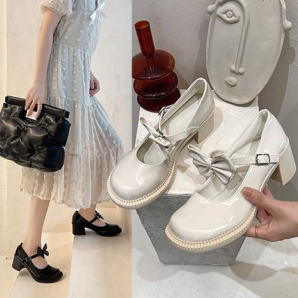 

dress shoes 2021 style patent leather thick high heel women's japanese mary jane uniform, Black