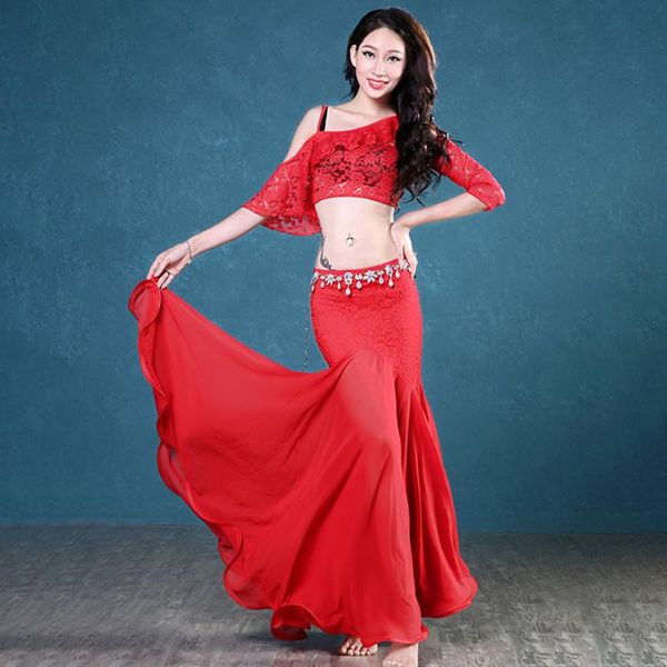 

stage wear one side bare shoulder lace skirt belly dancing dress t17169a women dance costume set, Black;red