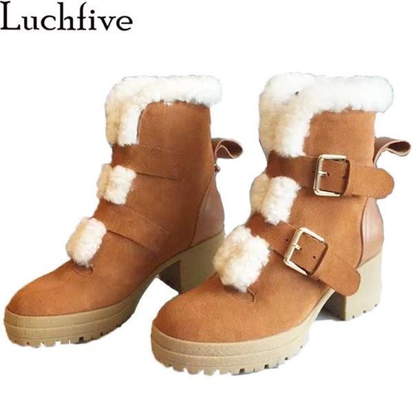 

boots wool ankle for woman suede leather thick high heel snow with double buckle designer winter, Black
