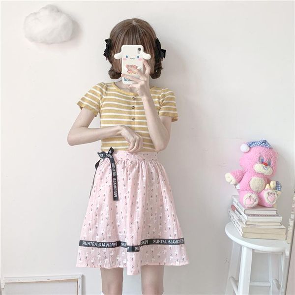 

skirts soft sweet dot women's short a-line skirt harajuku japanese cute bow clothing girl summer all-match high waist female, Black