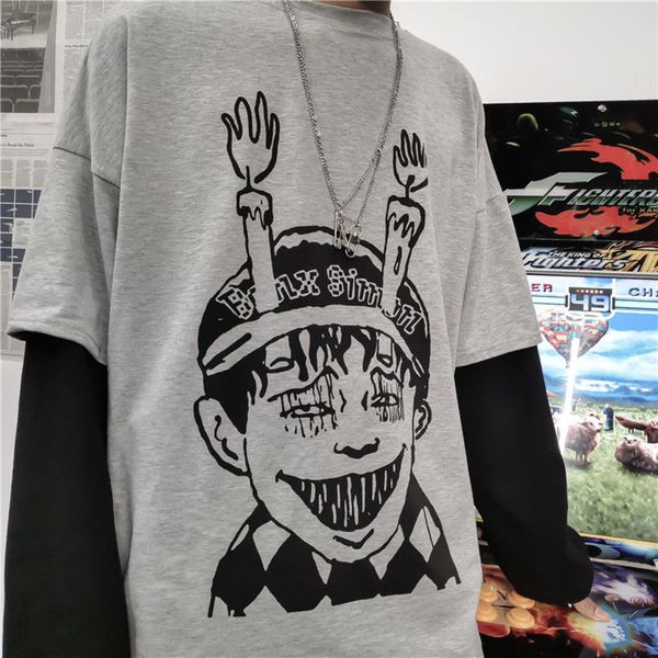 

japanese woherb harajuku junji ito anime print women man t-shirt fake 2 piece o-neck long sleeve casual loose streetwear t-shirt c0220, White