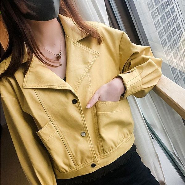 

spring autumn turndown collar long sleeve big pocket short faux pu leather jacket women korean biker casual abrigo mujer women's &, Black