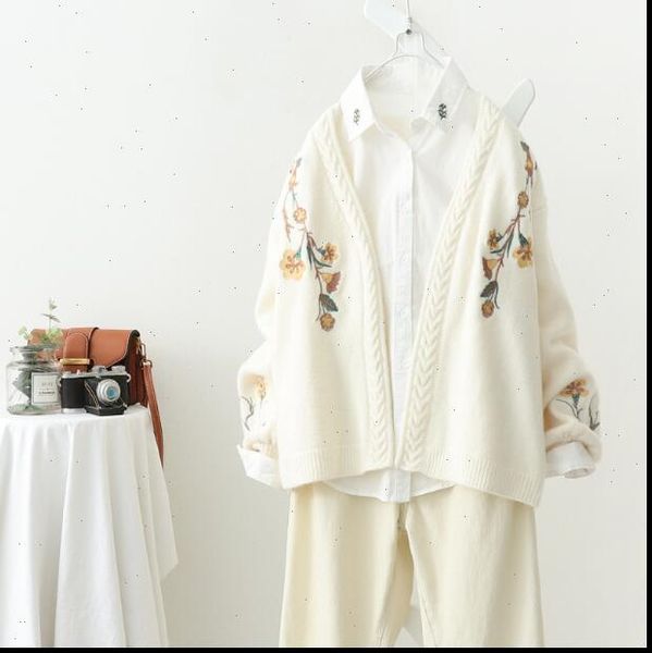 

mori girl women sweater new 2021 autumn v neck flower embroidery long sleeve cardigan women knit coat, White;black