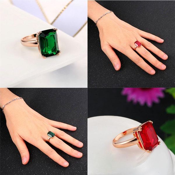 

wedding rings fashion red/green rose gold color ring jewelry for women big square crystal, Slivery;golden