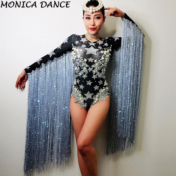 

women fringed crystals outfit jazz dj costume rhinestone bodysuit black singer dancer nightclub stage party prom bodysuit, Black;white