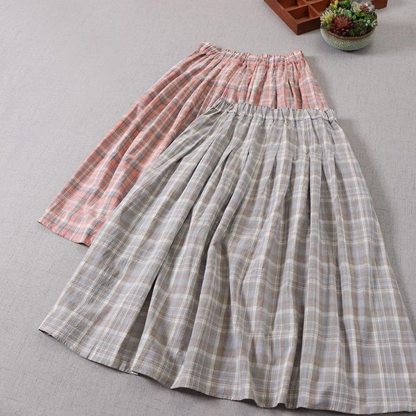 

skirts mori girl plaid skirt summer loose casual cotton a-line women, Black