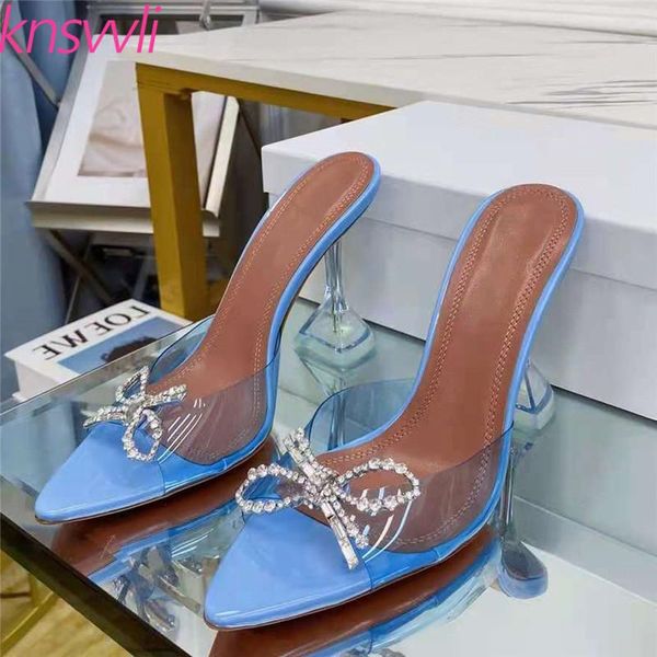 

slippers summer mules high heels women sandals color pvc slides ladies bowknot crystal shoes woman strange style, Black