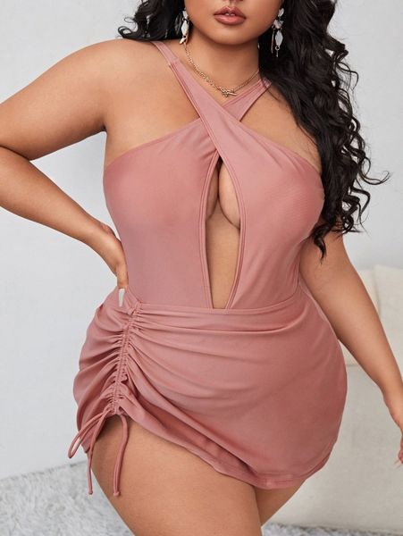 

plus cut out one piece swimsuit with drawstring beach skirt q8be#, Black