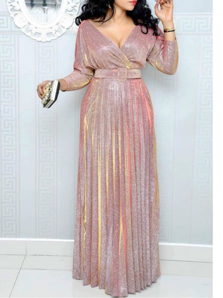 

2021 new women maxi elegant party pleated celebrate v neck with waist belt classy female wear clothing shiny african popular tunic zjv2, Black;gray