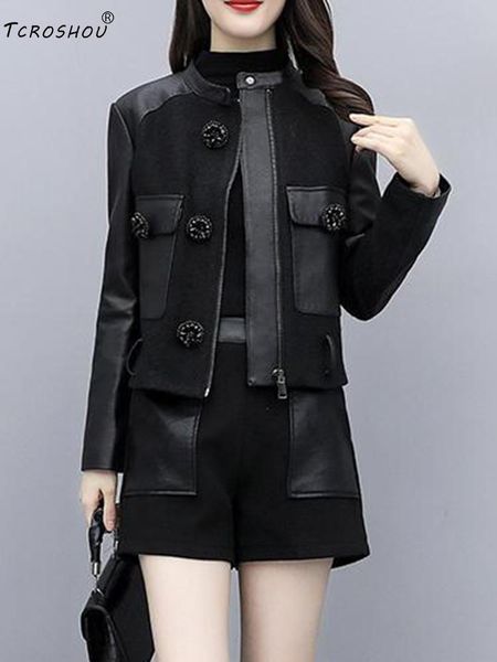 

women's jackets tweed stitching pu leather diamond buckle decoration high waist bandage short coat ladies autumn style all-match top, Black;brown