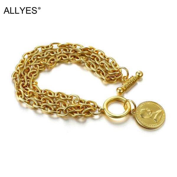 

tennis allyes punk miami cuban gold color coin portrait cross chain bracelets fashion multilayer charm bracelet women jewelry, Golden;silver